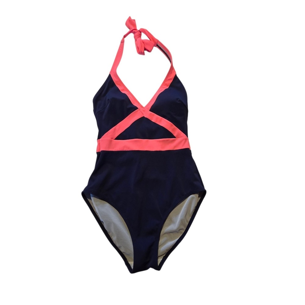 Boden Kefalonia Halterneck Swimsuit Women's 6 R Navy Pink Beach Classic Preppy